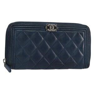 CHANEL Boy Chanel Long Wallet Lamb Skin Navy Silver CC Auth bs31466